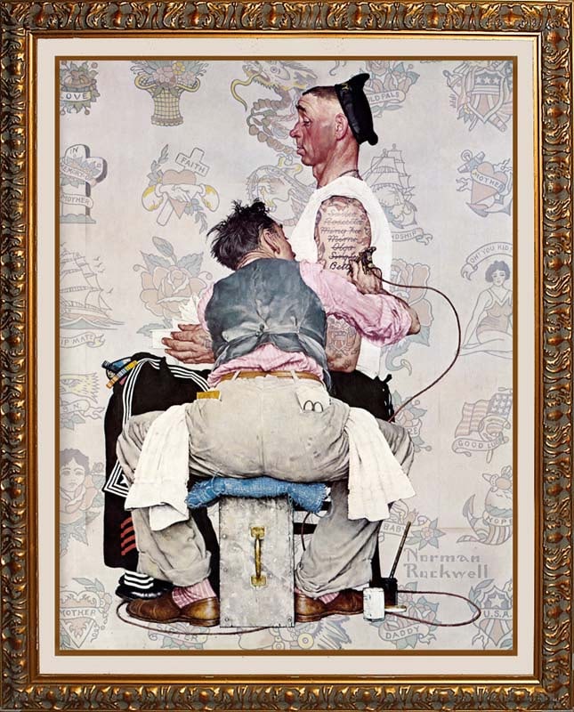 Norman Rockwell (American 1894-1978) The Tattooist Only Skin Deep ink on paper: After Norman Rockwell (American 1894-1978) The Tattooist. Only Skin Deep. ink on paper. Approx 30x38 inches. Custom framed. The signature is in the plate. Includes certificate of authenticity. Art Art