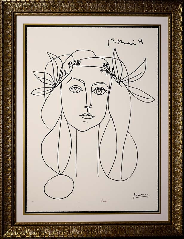 Pablo Picasso (Spanish 1881-1973) Limited Edition Pablo Picasso on paper: Limited Edition after Pablo Picasso (Spanish 1881-1973) on paper. Approx 24 x 32 inches. Custom framed signed in the plate. Art Artwork Artist.