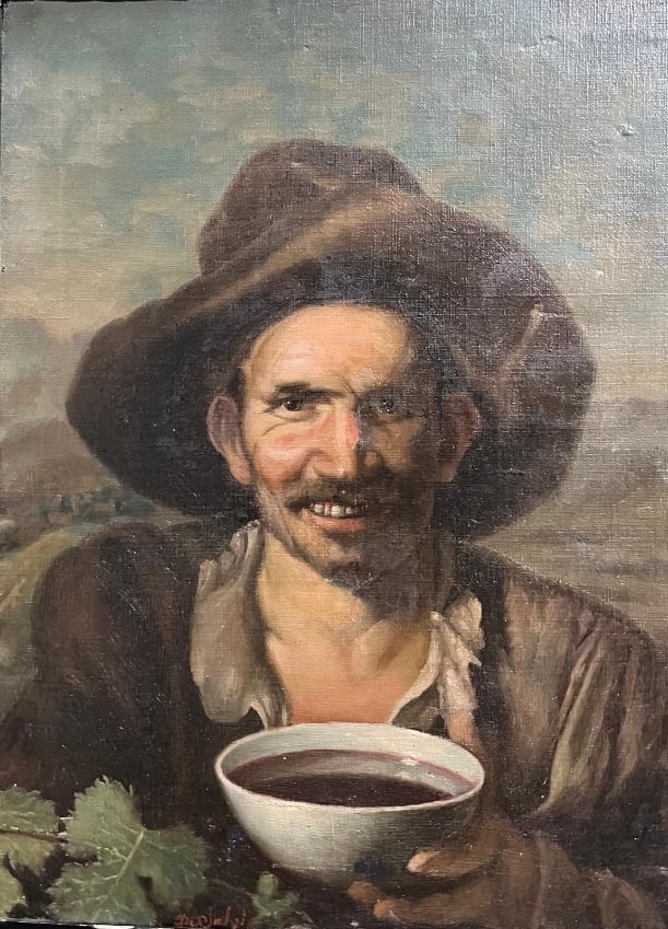 oil painting on canvas by anonymouse from a Prívate collection: oil painting on canvas One of a kind originalTitle: Muy antigua pintura del Estudio central de la famosa obra de Diego Velázquez) Los Borrachos Excellent condition Measurements: 38 x 52 cmProvenance: