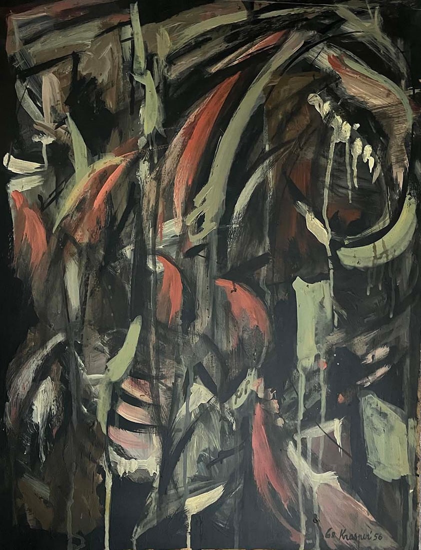 Lee Krasner oil on wood 1956 original: Artist: Lee Krasner Technique: Oil on woodMeasurements: 65 x 50 cm Signed: Krasner 56 lower right edge. Provenance: Private collection Art Artwork Artist.