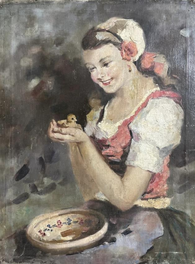 Original oil painting on canvas with illegible signature: Original oil painting on canvas with illegible signature Title: Portrait of a girl with a bird. Technique: oil painting on canvas Measurements: 59 x 43 cm Provenance: Private collection Art Artwork Ar