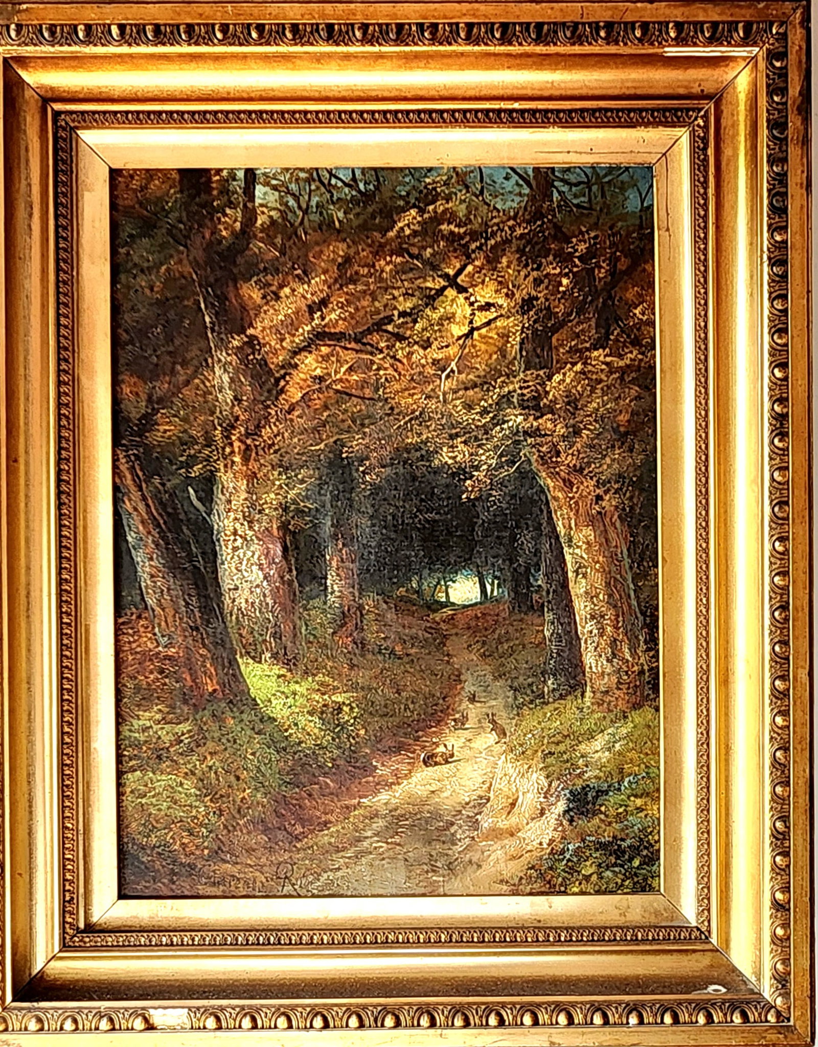 Antique Victorian Oil Painting “Sherwood Forest Rabbits?? by Clarence Roe. England.: Antique Victorian Oil Painting “Sherwood Forest Rabbits” by Clarence Roe. England.A scene of a beautiful forest full of vegetation and a group of rabbits running along a path.Work dimensions: 