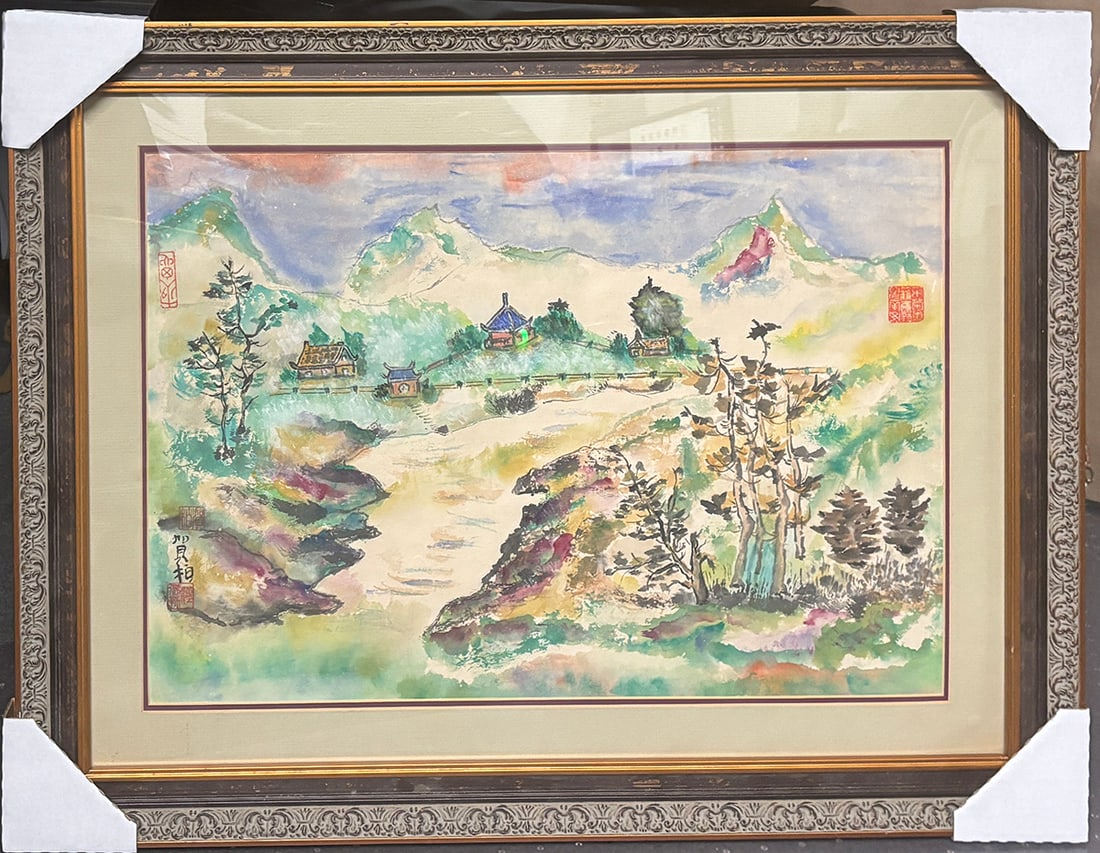 Chinese original old watercolor beautiful vibrant colors. Very good condition Framed (1 of 1)