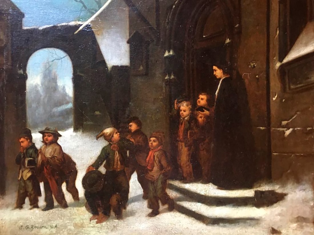 John George Brown (1831-1913) Original oil painting on canvas 68x55 cm p: John George Brown (1831-1913) Original oil painting on canvas. Approx 68x55 cm. Hand signed. He was a British citizen and an American painter born in Durham, England 1831. His parents apprenticed him 
