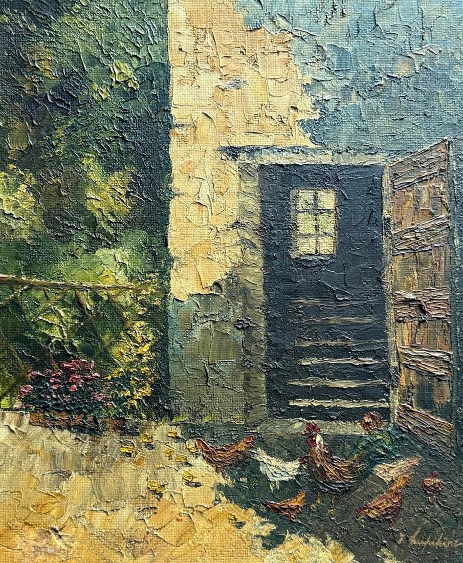 George Lapchine Technique: Oil painting on board Rural Scene with Chickens: George LapchineTechnique: Oil painting on boardTitle: Rural Scene with ChickensDimensions: 35 x 30 cmProvenance: Private collectionSigned in the lower right corner and inscribed on the back: George La