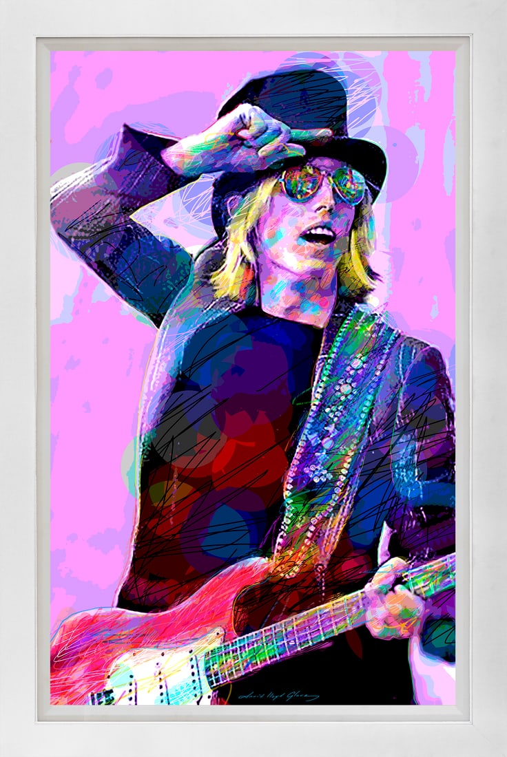 David Lloyd Glover (American 1949) Tom Petty Top Hat Mixed Media Original Painting on canvas by: David Glover (American, 1949) Tom Petty Top Hat Mixed media on canvas by David Lloyd Glover. Hand signed by the artist. On canvas image size. Approx image size 18x24 inches. Custom framed and includes