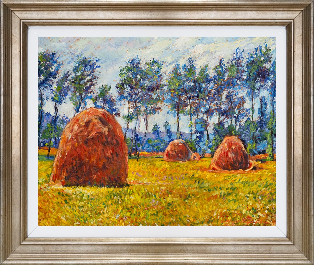 David Lloyd Glover (American 1949) Hay Stacks Original Mixed Media Painting on canvas David Lloyd: Mixed media on canvas by David Lloyd Glover Hand signed by the artist. On canvas image size Approx image size 18x24 inches Custom framed and includes certificate This work was purchased directly from 