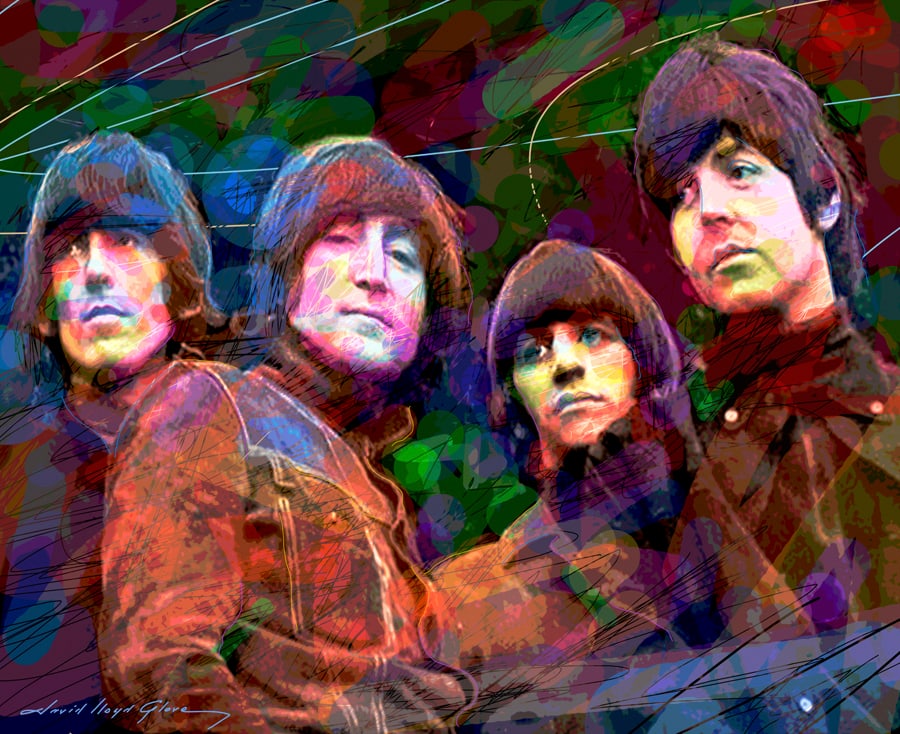 David Lloyd Glover (American 1949) Rubber Soul The Beatles Original Mixed Media Painting on canvas: Mixed media on canvas by David Lloyd Glover. Hand signed by the artist. On canvas. Approx image size 18x24 inches. Custom framed and includes certificate. This work was purchased directly from the art