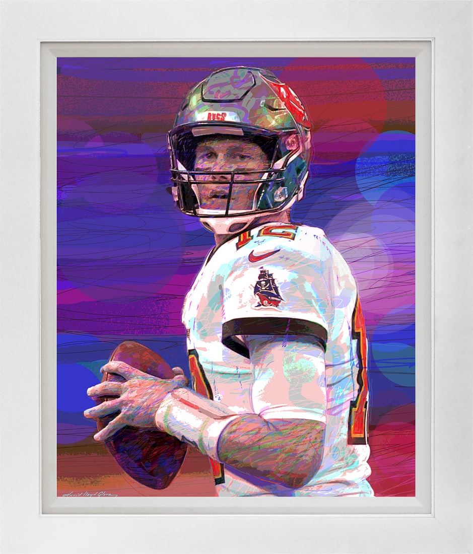 David Lloyd Glover (American 1949) Tom Brady Drops Back Football Hand Embellished Painting on canvas: Tom Brady Drops Back Football Hand Embellished Painting on canvas by David Lloyd Glover Hand signed by the artist. On canvas. Approx image size 18 x 24 inches Custom framed and includes certificate. T