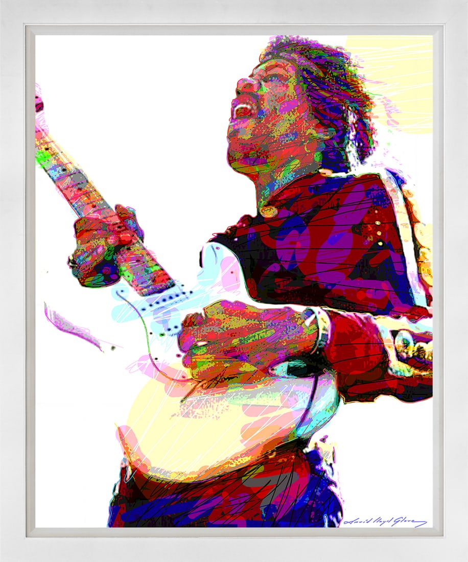 David Lloyd Glover (American 1949) Jimi Hendrix Wails Mixed Media Original Painting on canvas by: Mixed Media Original Painting on canvas David Lloyd Glover. One of a kind. Hand signed by the artist. On canvas. Approx image size 24 x18 inches Custom framed and includes certificate. This work was p