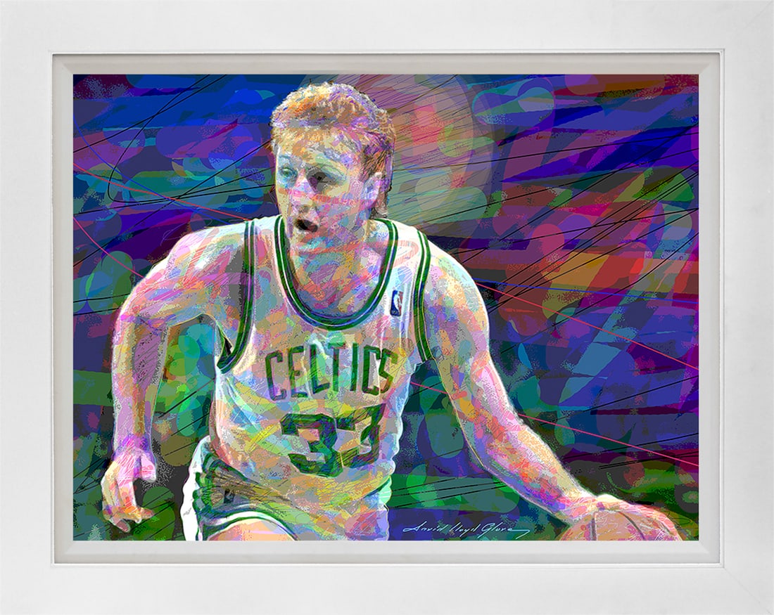 David Lloyd Glover (American 1949) Larry Bird Hand Embellished Painting on canvas by David Lloyd: Larry Bird Hand Embellished Painting on canvas by David Lloyd Glover Hand signed by the artist. On canvas image size. Approx image size 18x24 inches Custom framed and includes certificate. This work w