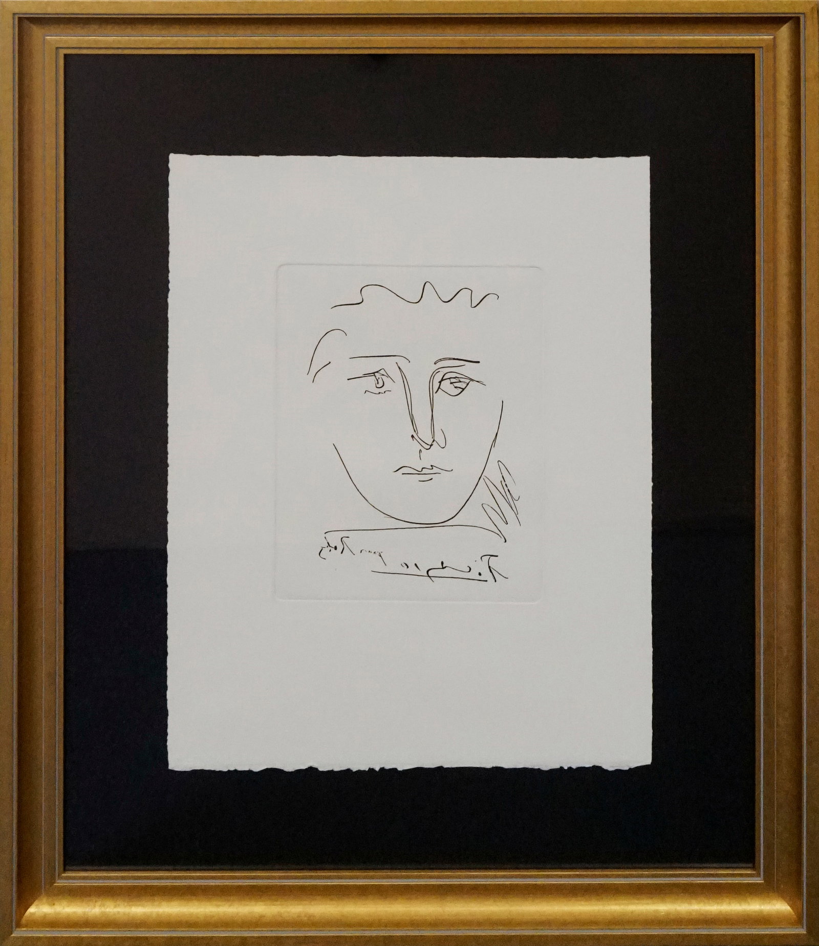 Pablo Picasso (Spanish 1881-1973) Etching Pour Roby: Pablo Picasso (Spanish 1881-1973) Etching embossed Pour Roby. Approx. 24 x 20 inches. Pablo Picasso's friend is Roby. Custom framed and includes documentation Art Artwork Artist.