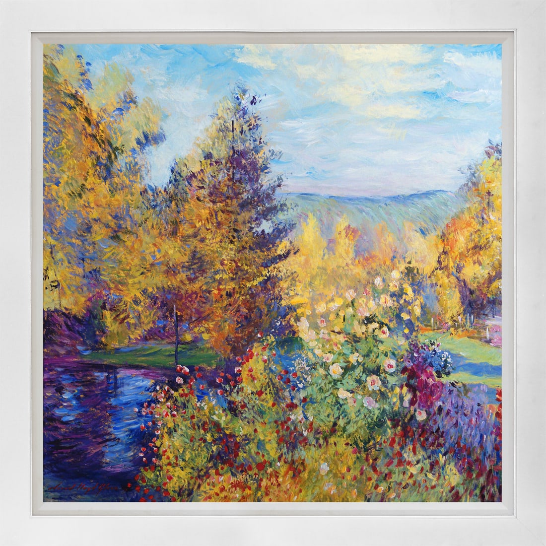 David Lloyd Glover (American 1949) Garden at Montgeron Mixed Media Original Painting on canvas by: Mixed media on canvas by David Lloyd Glover Hand signed by the artist. On canvas image size. Approx image size 18x24 inches. Custom framed and includes certificate. This work was purchased directly