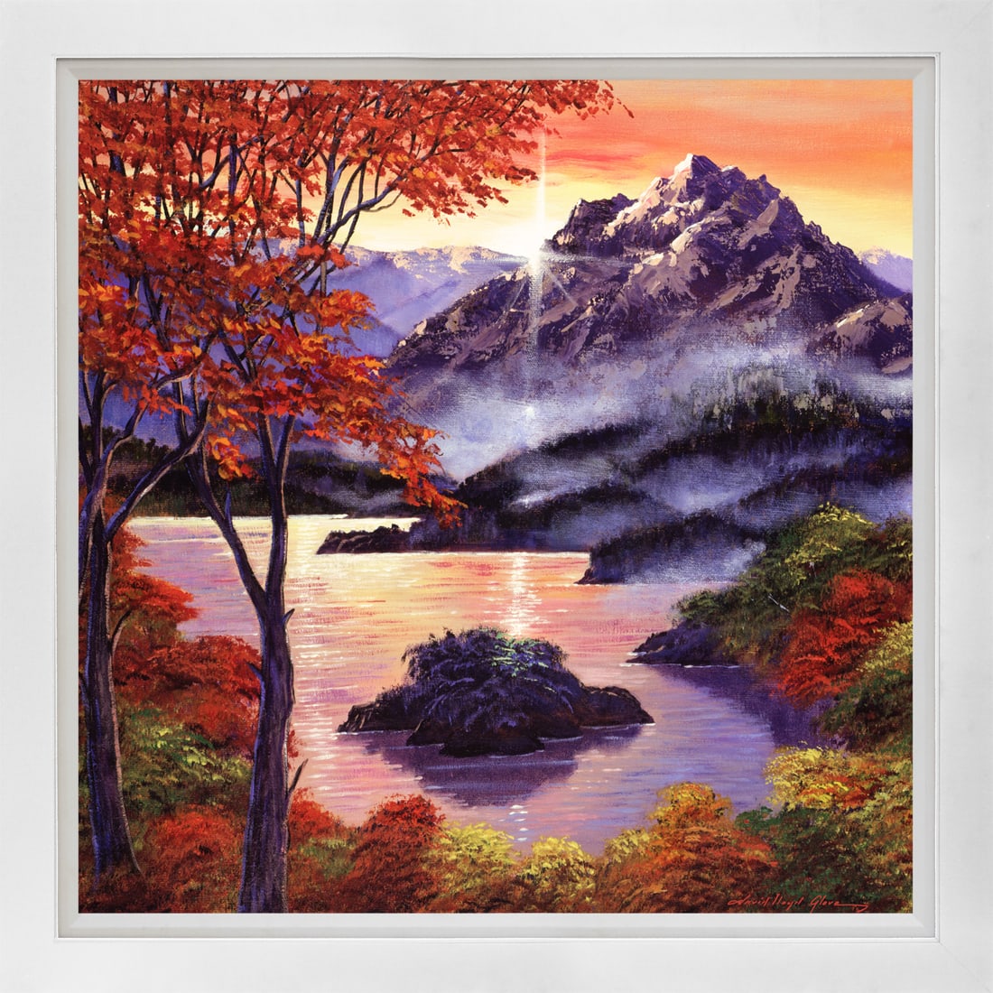 David Lloyd Glover (American 1949) Sunset over the Mountain Peak Mixed Media Original Painting on: Mixed media on canvas by David Lloyd Glover Hand signed by the artist. On canvas image size. Approx image size 18 x 24 inches. Custom framed and includes certificate. This work was purchased directly 