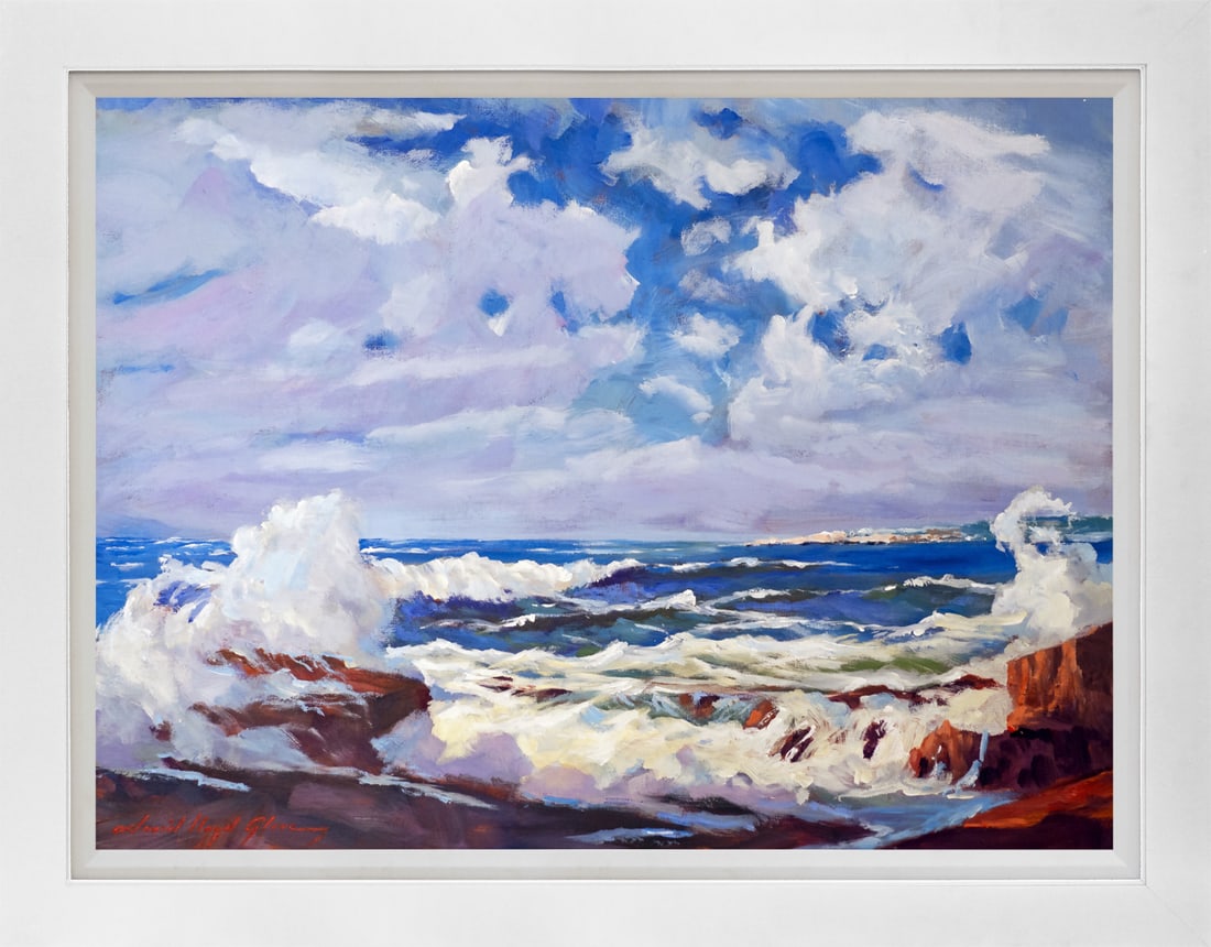 David Lloyd Glover (American 1949) Cloudy Sky Pacific California Mixed Meda Original Painting on: Mixed media Original Painting on canvas by David Lloyd Glover Hand signed by the artist. On canvas image size. Approx mage size 18x24 inches. Custom framed and includes certificate. Art Artwork Artist