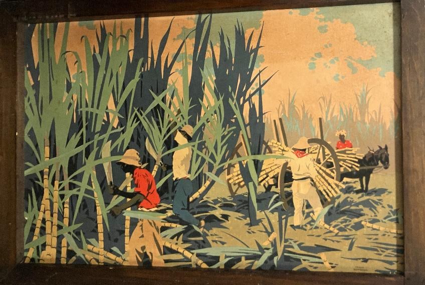 Frank Newbould Jamaica orchards landscape lithograph on board Cutting sugar cane in the west indies: Frank Newbould Jamaica orchards landscape original on board 34x25 inches. Art Artwork Artist.
