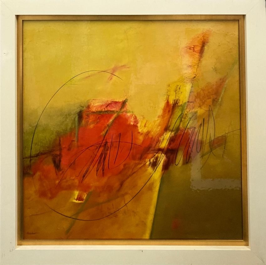 Pam Hassler, Original oil on paper Hand signed Abstract: Pam Hassler Red and gold abstract original oil on paper Hand signed by the artist. 31x31 / 35x35 inches image size framed Includes certificate Art Artwork Artist.
