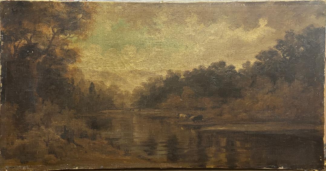 Original Vintage 19'th Century oil painting on canvas The painting features an impressionistic: Original Vintage 19'th Century oil painting on canvas The painting features an impressionistic landscape This is in a very good condition and it stretched on nails Mystery artist Size 24x14 inches Art