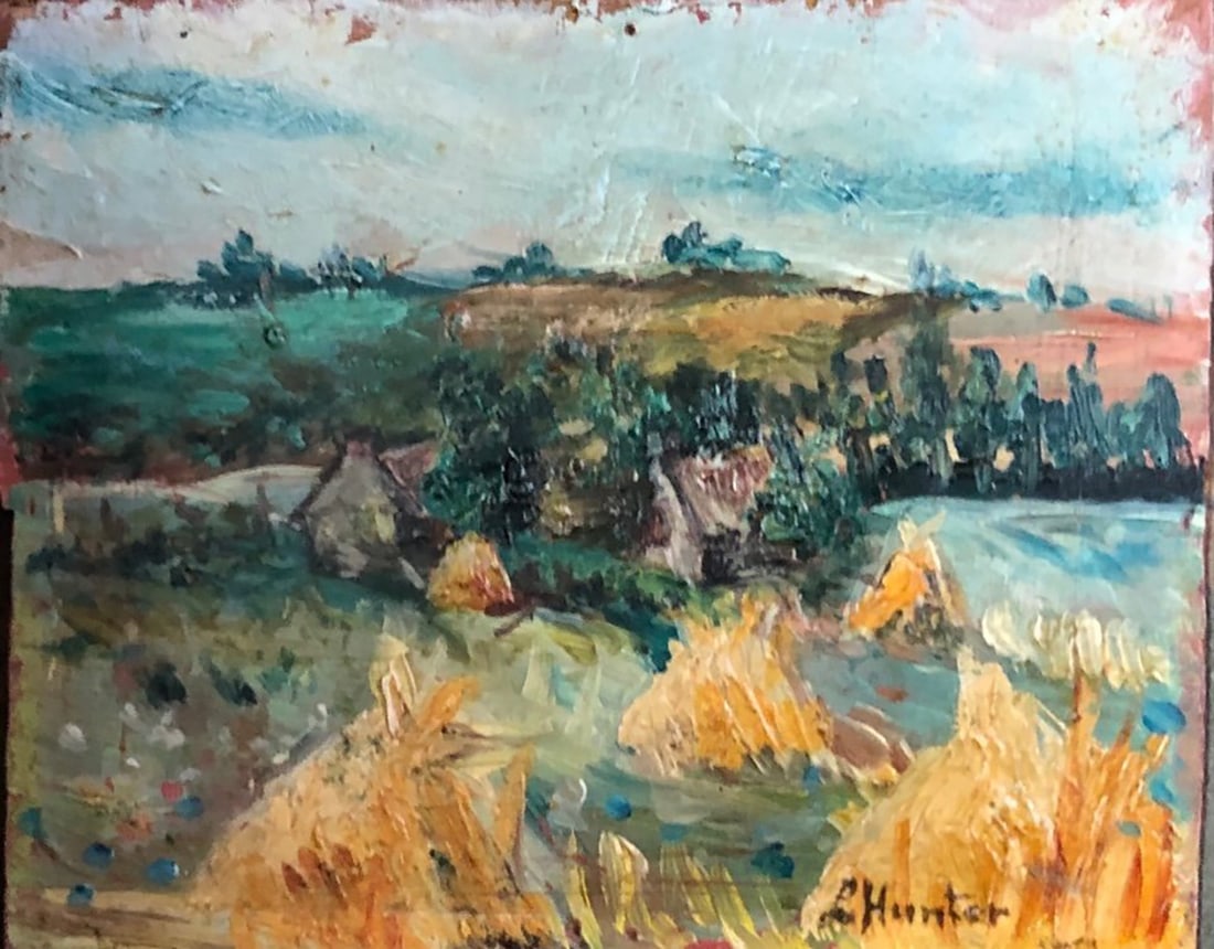 Leslie Hunter (1877-1931) Oil on wood painting Title: Rural landscape: Leslie HunterTecnique: Oil on good.Measures: 13 x 10,5Title: Rural landscapeGeorge Leslie Hunter (7 August 1877 – 7 December 1931) was a Scottish painter, regarded as one of the four artists of the 