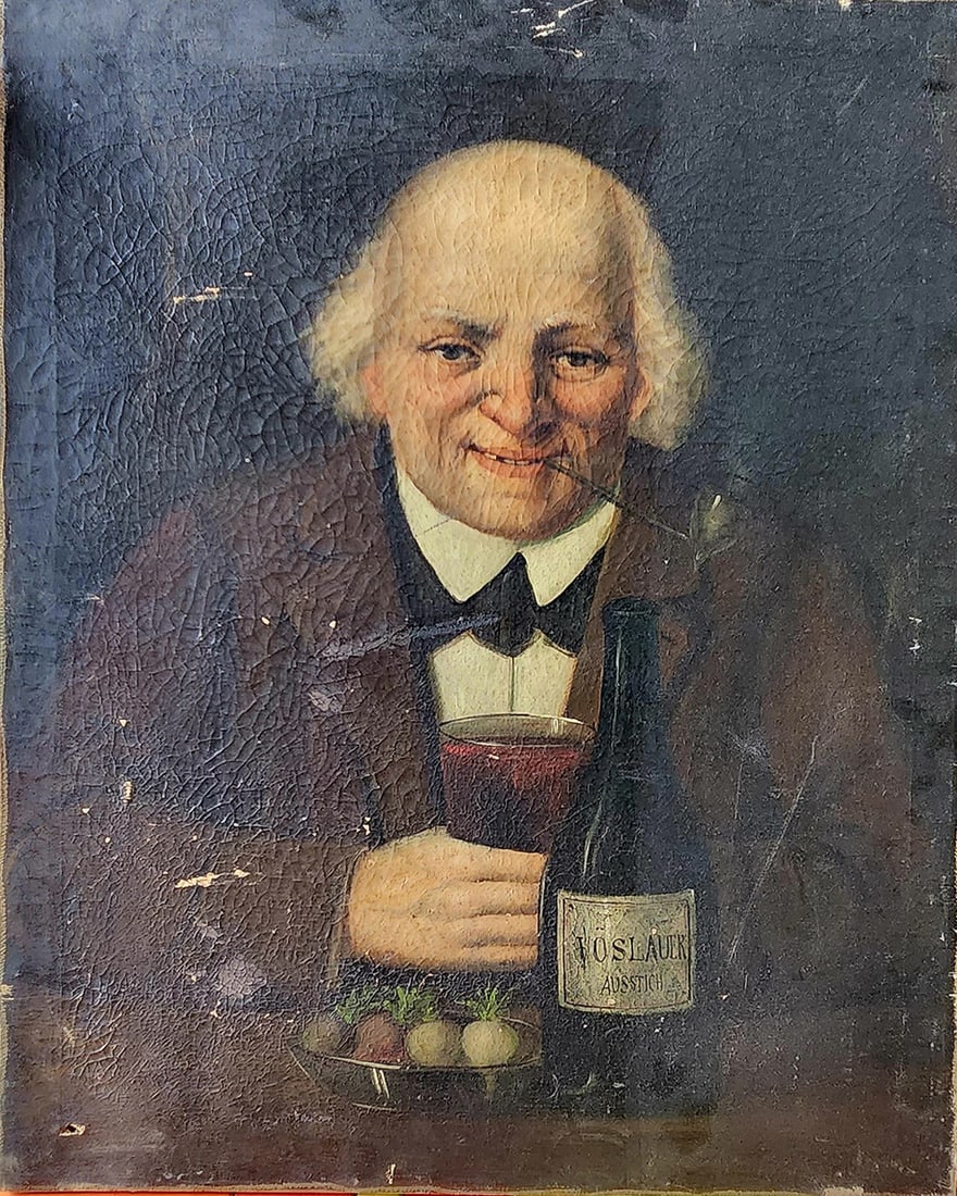 Vaslauer Ausstich OLD PAINTING MAN WITH BOTTLE Vöslauer Ausstich ILLEGIBLE: Vaslauer AusstichOLD PAINTING MAN WITH BOTTLE ILLEGIBLE SIGNATUREOld painting man with bottle Vöslauer Ausstich illegible signatureOld and rare painting, portrait of a man with bottle that saysVösla