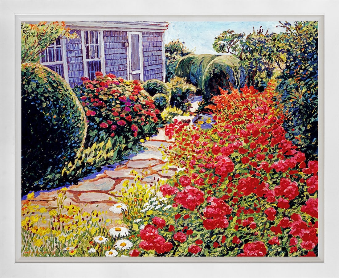 David Lloyd Glover (American 1949) Laguna Beach House Rose Garden Mixed media Original Painting on: Pacific Grove Aloe. Mixed media Original Painting on canvas by David Lloyd Glover. Hand signed by the artist. Custom framed and includes certificate from the artist. Approx 24x18 image size and 30x24 