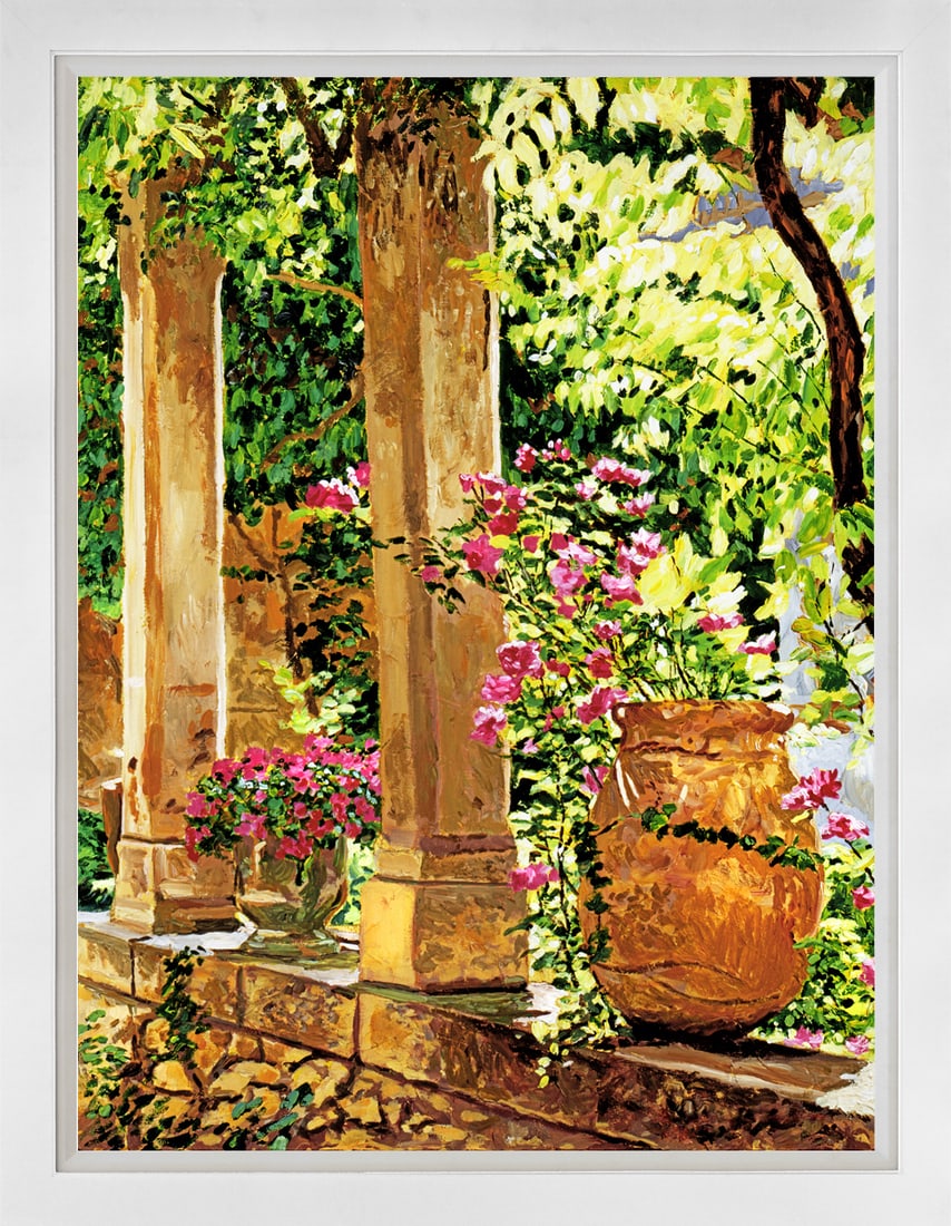 David Lloyd Glover (American 1949) Prieure Hotel Gardens Villeneuve Mixed media Original Painting on: Prieure Hotel Gardens Villeneuve. Mixed media Original Painting on canvas by David Lloyd Glover. Hand signed by the artist. Custom framed and includes certificate from the artist. Approx 24x18 image s