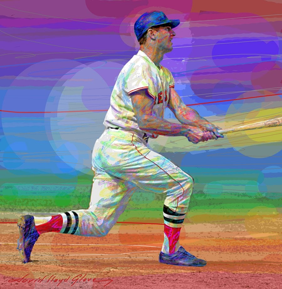 David Lloyd Glover (American 1949) Yaz - Carl Yastrzemski Red Sox 1967 Hand Embellished Painting by: Yaz-Carl Yastrzemski Boston Red Socks 1967 Hand Embellished Painting on canvas by David Lloyd Glover Hand signed by the artist. On canvas Approx image size 18x24 inches Custom framed and includes cert