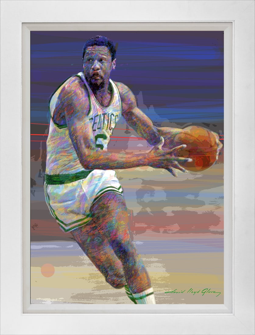 David Lloyd Glover (American 1949) Bill Russell Boston Celtics Hand Embellished Painting on canvas: Bill Russell Boston Celtics 1969 Hand Embellished Painting on canvas by David Lloyd Glover Hand signed by the artist. On canvas. Approx image size 18x24 inches Custom framed and includes certificate. 