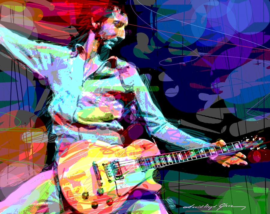 David Lloyd Glover (American 1949) Pete Townshend Power Chord Original Mixed Media Painting on: Mixed media on canvas by David Lloyd Glover Hand signed by the artist. On canvas. Approx image size 18x24 inches. Custom framed and includes certificate. This work was purchased directly from the arti