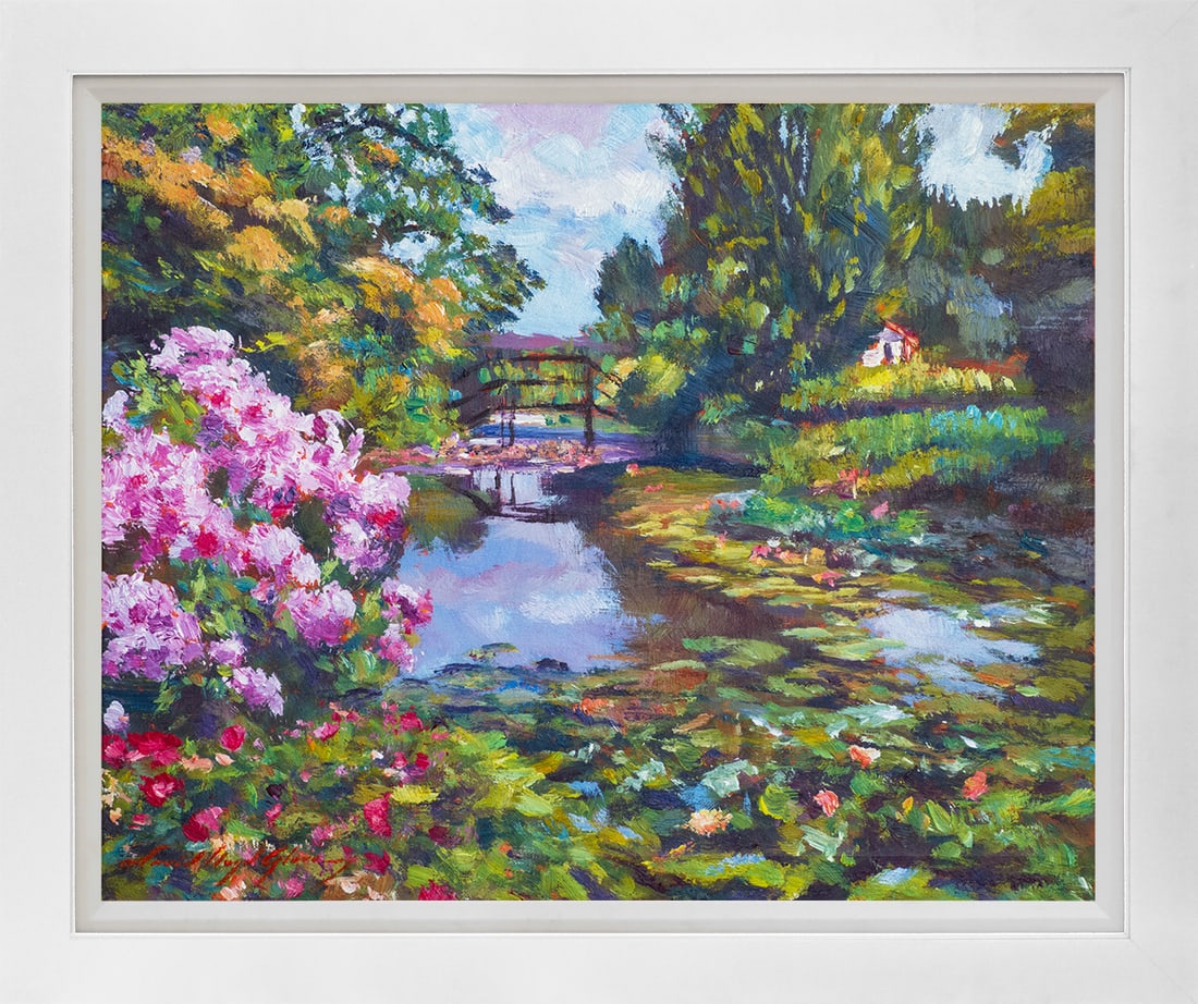 David Lloyd Glover (American 1949) Rhododendrums at the Pond Original Mixed Media Painting on canvas: Mixed media on canvas by David Lloyd Glover Hand signed by the artist. On canvas. Approx. image size 18x24 inches. Custom framed and includes certificate. This work was purchased directly from the art