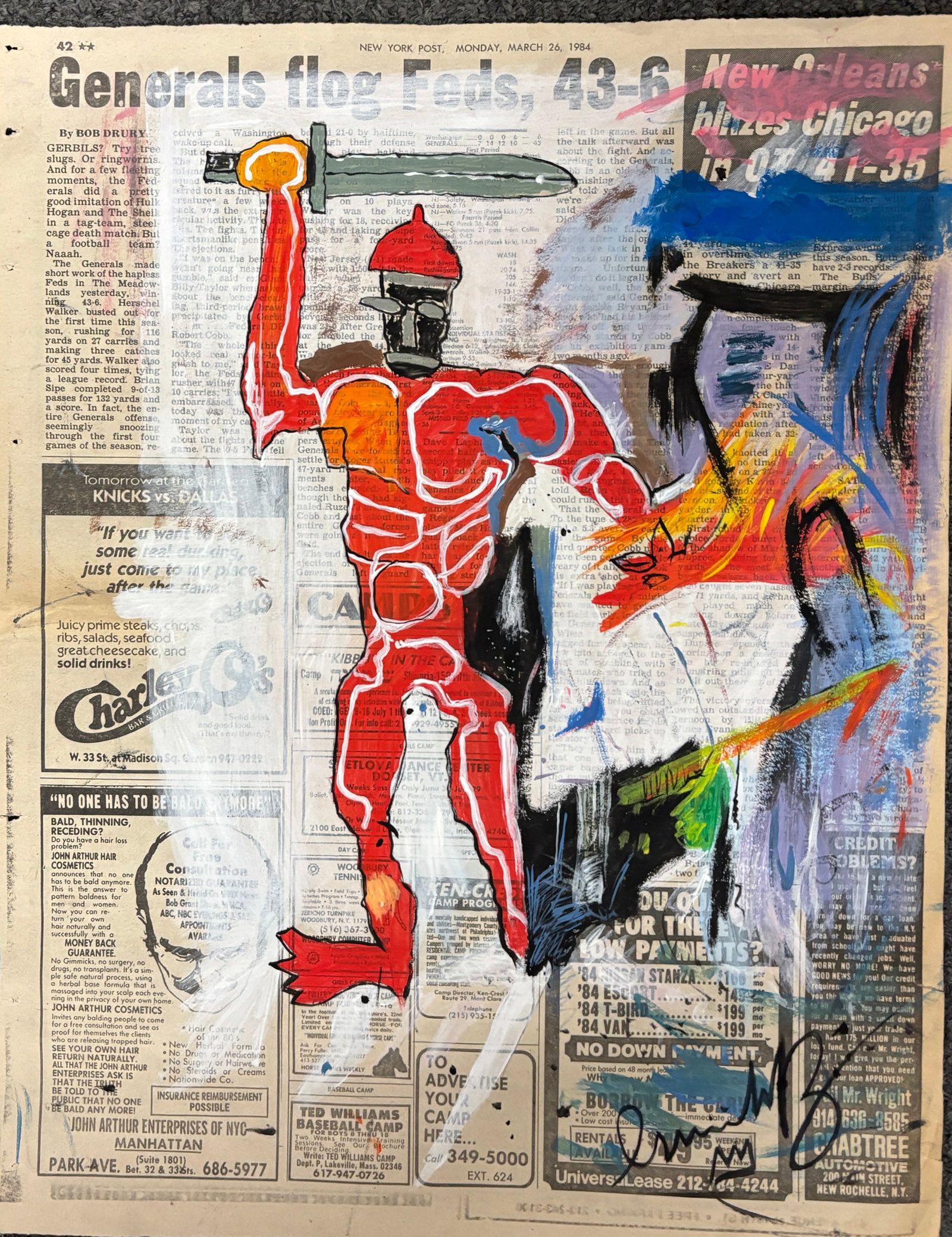 Jean-Michel Basquiat (American 1960-1988) Original in the manner of Jean-Michel Basquiat: Jean-Michel Basquiat (American 1960-1988) Original painting on newspaper in the style of Basquiat. Approx 13x9 inches Signed in 1984. Art Artwork Artist.