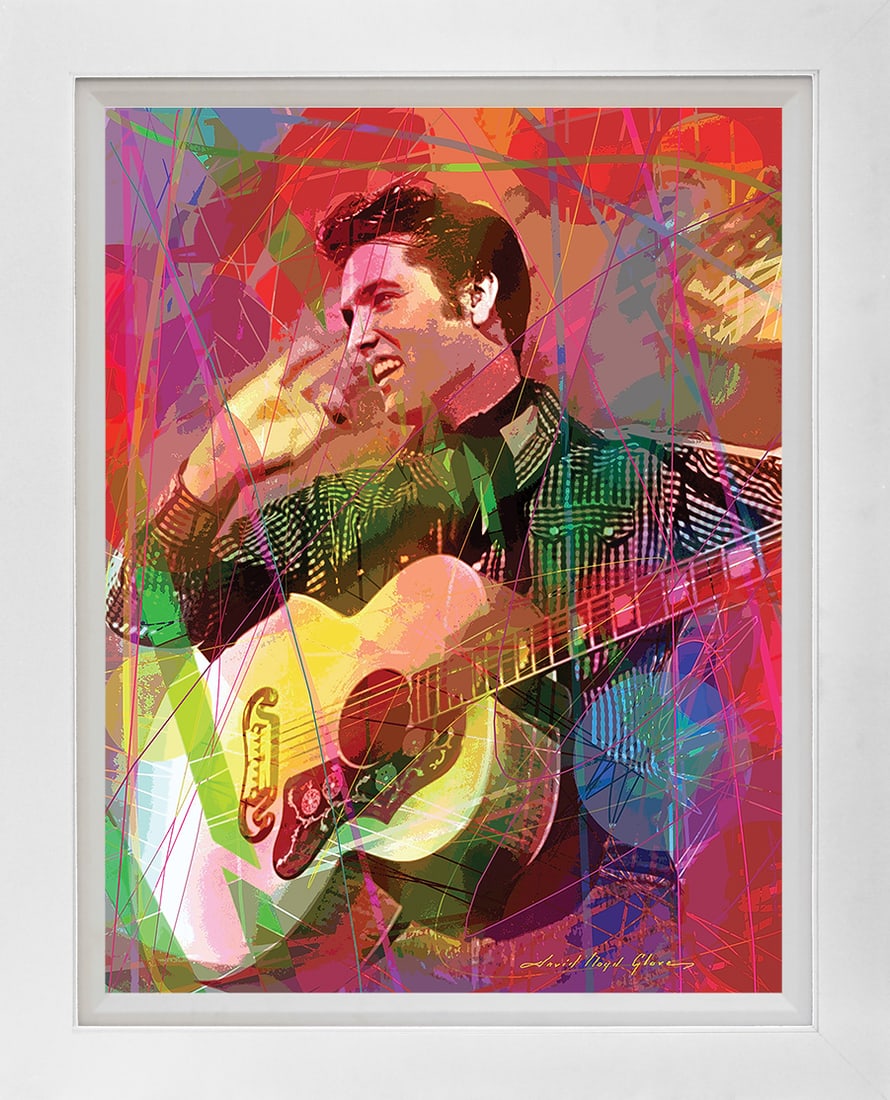 David Lloyd Glover (American 1949) Elvis Rockabilly Mixed Media Original painting by David Lloyd: Mixed media on canvas by David Lloyd Glover. One of a kind. Hand signed by the artist. On canvas. Approx image size 18x24 inches. Custom framed and includes certificate. Art Artwork Artist.