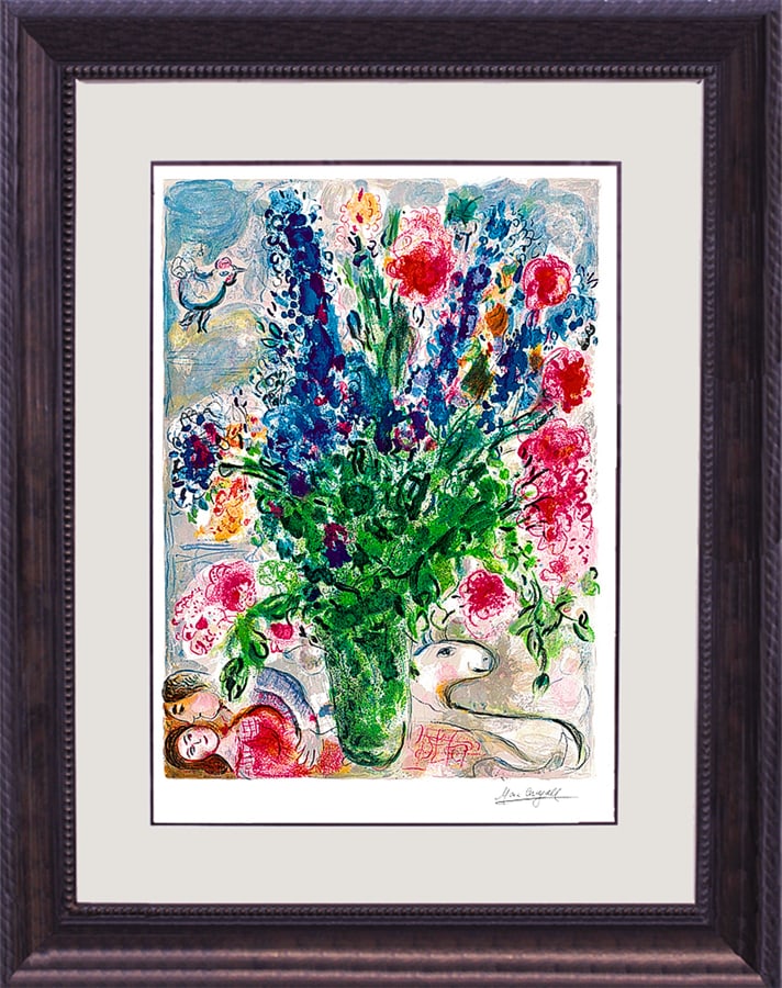 Marc Chagall (Russian-French 1887-1985) Marc Chagall Les Lupins Bleu Marc Chagall Limited Edition: Marc Chagall (Russian-French 1887-1985 Marc Chagall Limited Edition Lithograph Les Lupins Bleu. Limited Edition. Lithograph 26 x 34 approx. inches. Includes certificate of authenticity The signature i