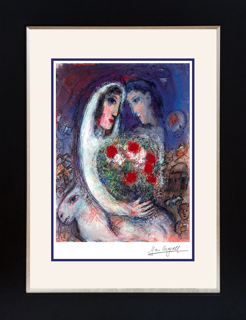 Marc Chagall (Russian-French 1887-1985 Marc Chagall Limited Edition Marriage after Chagall: Marc Chagall (Russian-French 1887-1985 Marc Chagall Limited Edition on paper. The signature is in the plate. Certificate of Authenticity is included. Approx. 26x30 in. Custom framed. Art Artwork Artis