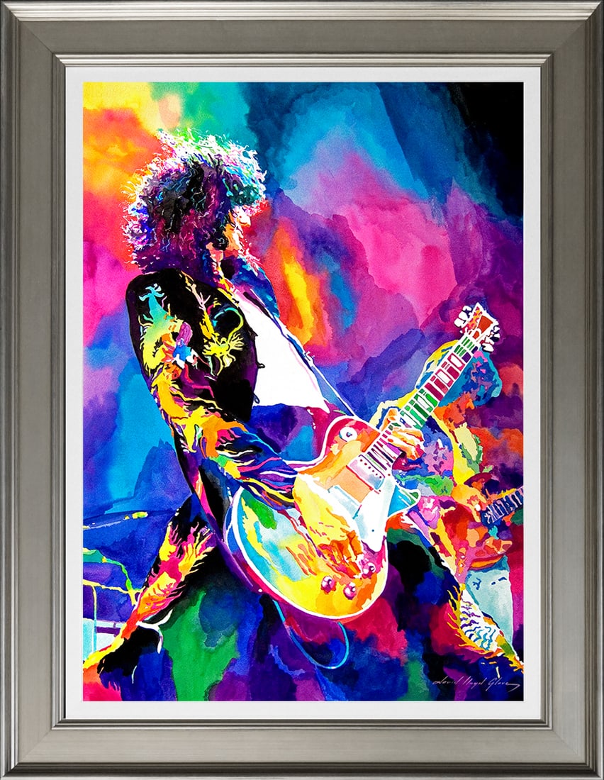 David Lloyd Glover (American 1949) Jimmy Page in his Studio Monolithic Rift Hand Embellished: Jimmy Page in his Studio Hand Embellished Painting canvas by David Lloyd Glover Limited edition of 8. Hand signed by the artist. oil painting on canvas. Approx 18 x 24 image size inches Custom framed 