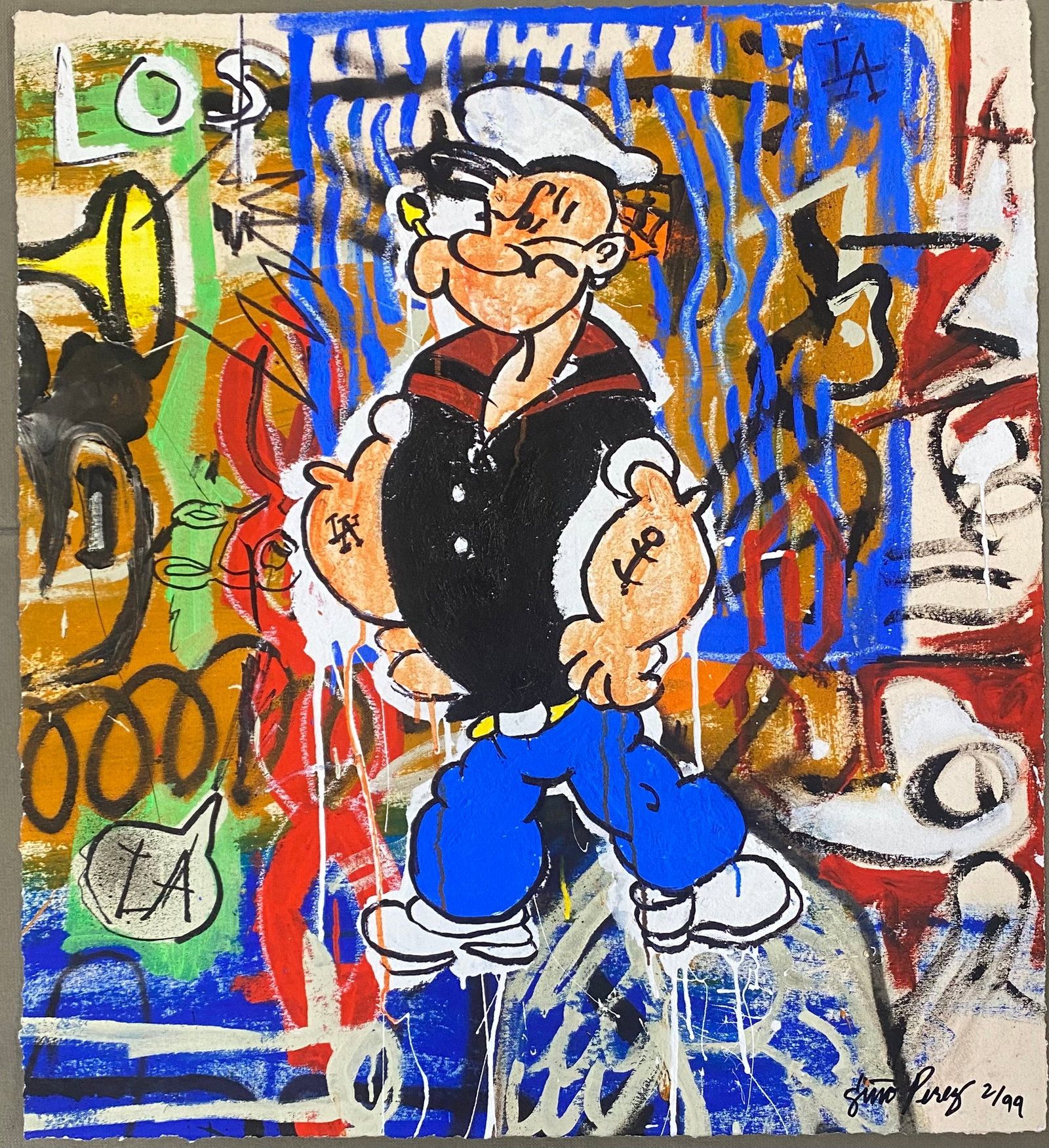 Gino Perez (Mexican-American 1977) Popeye. The Man's about The Hood: Gino Perez (Mexican-American 1977) POPEYE IN LA. Hand signed and Numbered. Fine Art Giclee on Museum Quality Archival Paper. Deckled and Bled to the Edge. Image Size Approx 20 x 16 inches. Art Artwork
