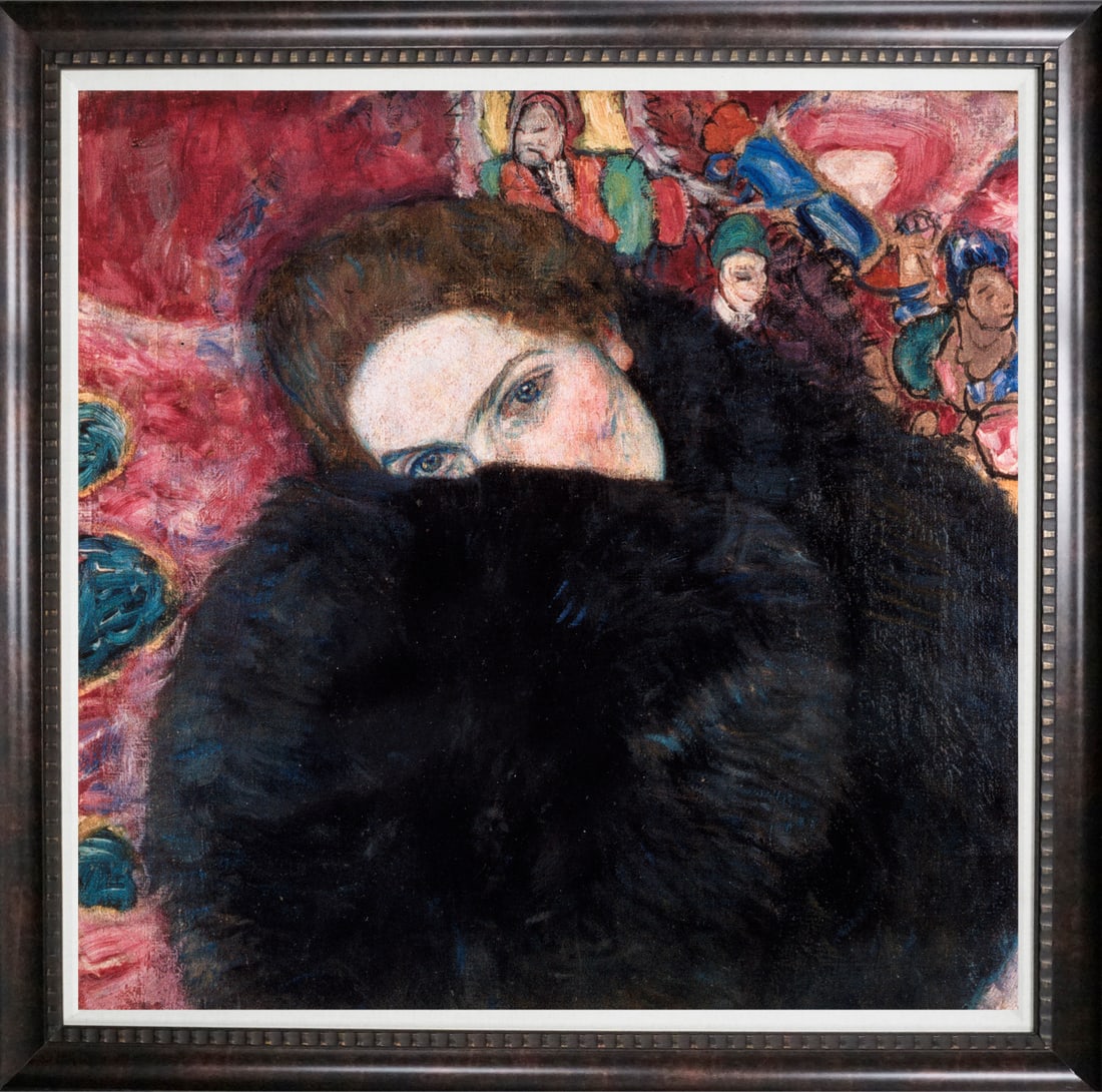 Gustav Klimt (Austrian 1862-1918) Lady with Muff limited edition painting on canvas: Gustav Klimt (Austrian 1862-1918) Limited Edition ink and oil painting on canvas. Professionally framed. Approx 16 x 16 image Custom framed. Includes certificate of authenticity. Art Artwork Artist.