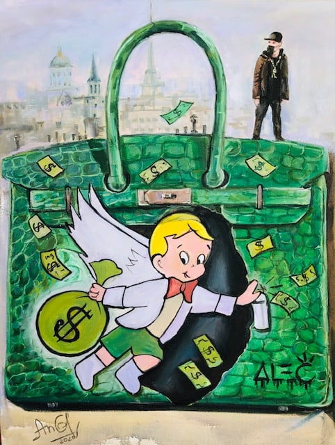 Grineva Original oil painting on canvas. Alec The New Money.: Grineva Original oil painting on canvas. One of a kind original. Hand signed by the artist. 24 x 30 inches. Approx image size Includes Certificate of Authenticity. Custom framed. This work was purchas