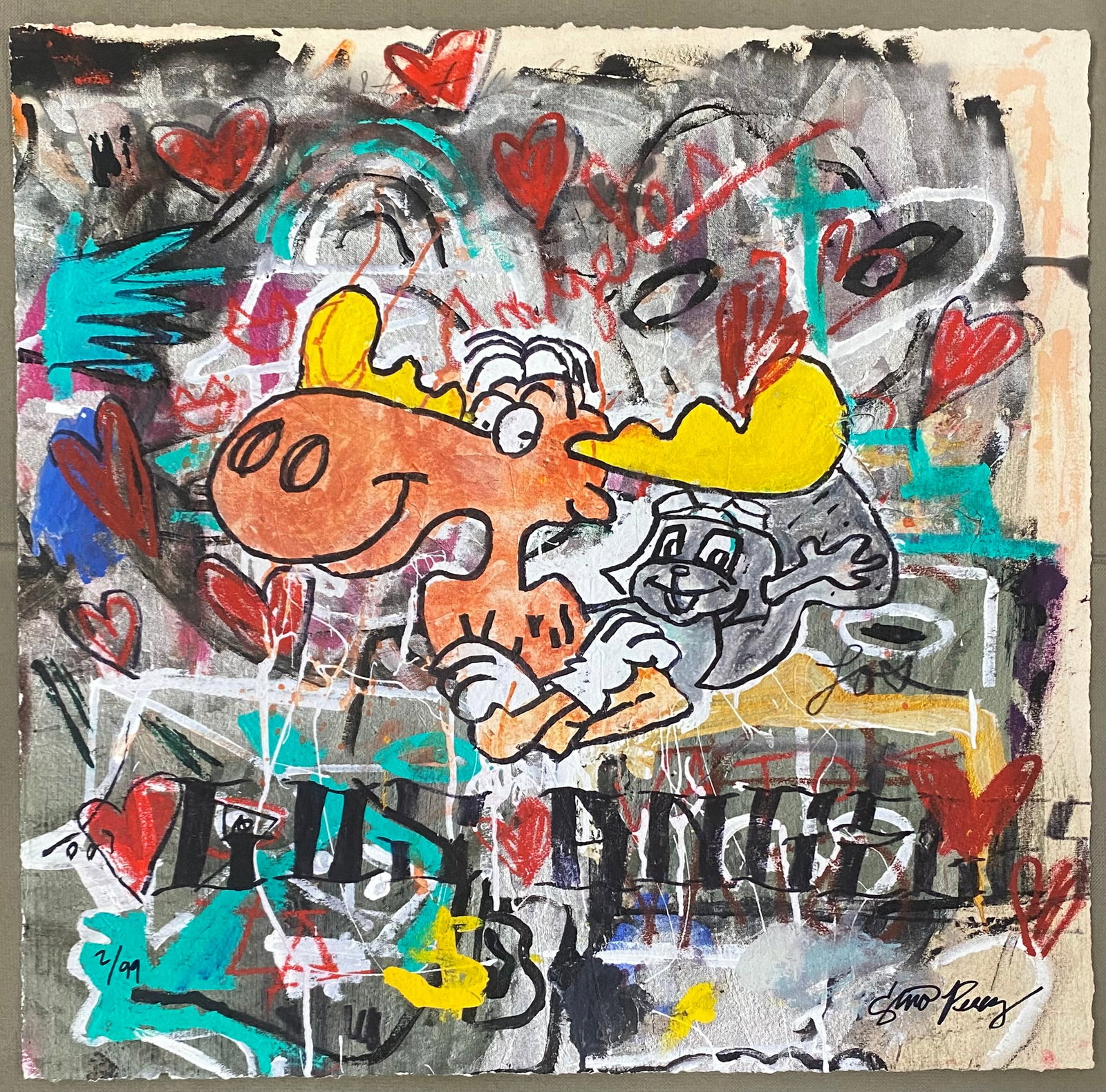 Gino Perez (Mexican-American 1977) Moose Love Limited Edition Hand Signed and Numbered.: Gino Perez (Mexican-American 1977) MOOSE LOVE. Hand signed and Numbered. Fine Art Giclee on Museum Quality Archival Paper. Deckled and Bled to the Edge. Image Size Approx 20 x 16 inches. Art Artwork A