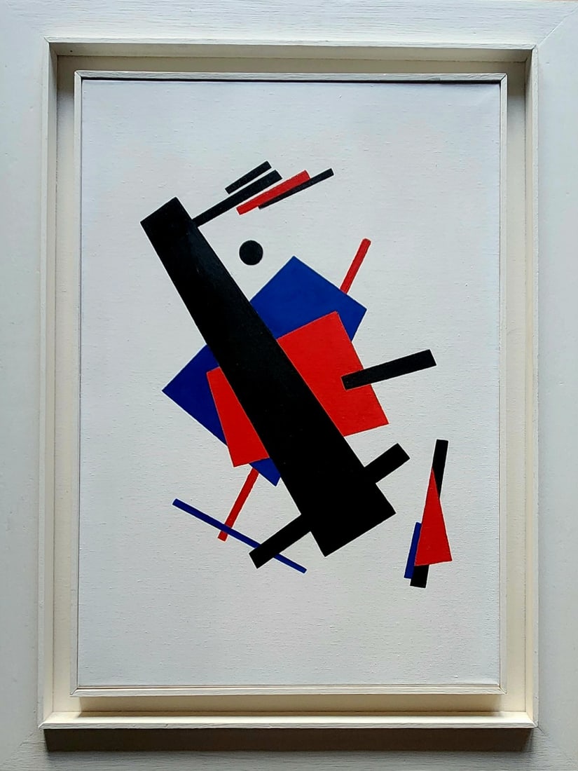 This work is a vintage hand-painted oil on canvas print, measuring 91 x 71 cm when framed. The: This work is a vintage hand-painted oil on canvas print, measuring 91 x 71 cm when framed. The artwork itself measures 70 x 50 cm. It is titled Suprematism and was painted by the Russian artist Nikola