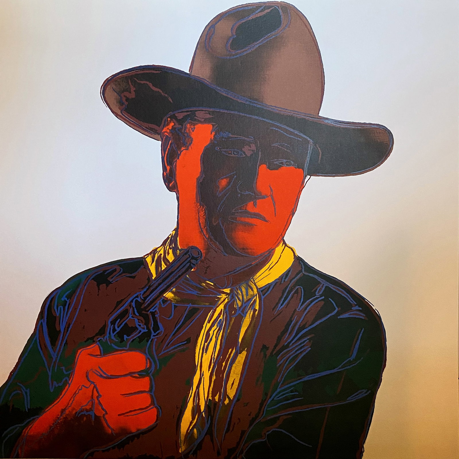 Andy Warhol (American, 1928-1987) Screenprint John Wayne 1986 from the Cowboys and Indians Suite: Andy Warhol (American, 1928-1987) Screenprint John Wayne 1986 from the Cowboys and Indians Suite SerigraphAndy Warhol Serigraph Screenprint and Colophon. 1986. Approx 36x36 inches. This working trial 