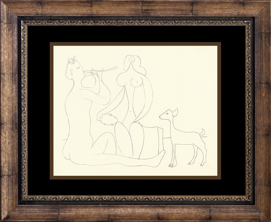 Picasso (Spanish 1881-1973) Antibes Lithograph c. 1960 Mythical designs: Pablo Picasso (Spanish 1881-1973) Pablo Picasso Antibes Lithograph from 1960. Mythical designs. Approx. 20x24 inches. Professionally framed. Includes certificate of authenticity. Art Artwork Artist.
