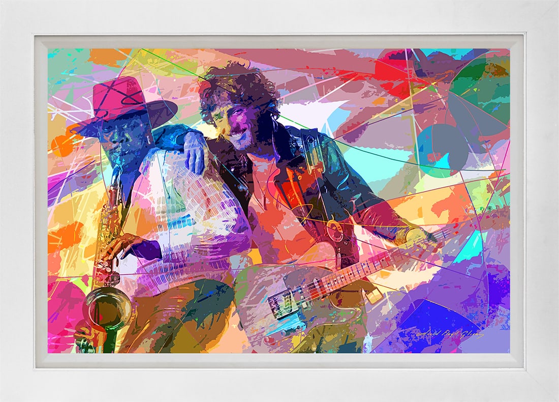 David Lloyd Glover (American 1949) Bruce Springsteen and Clemons Hand Embellished Painting on canvas: Bruce Springsteen and Clemons Hand Embellished Painting on canvas by David Lloyd Glover Hand signed by the artist. On canvas image size. Approx image size 18x24 inches. Custom framed and includes cert