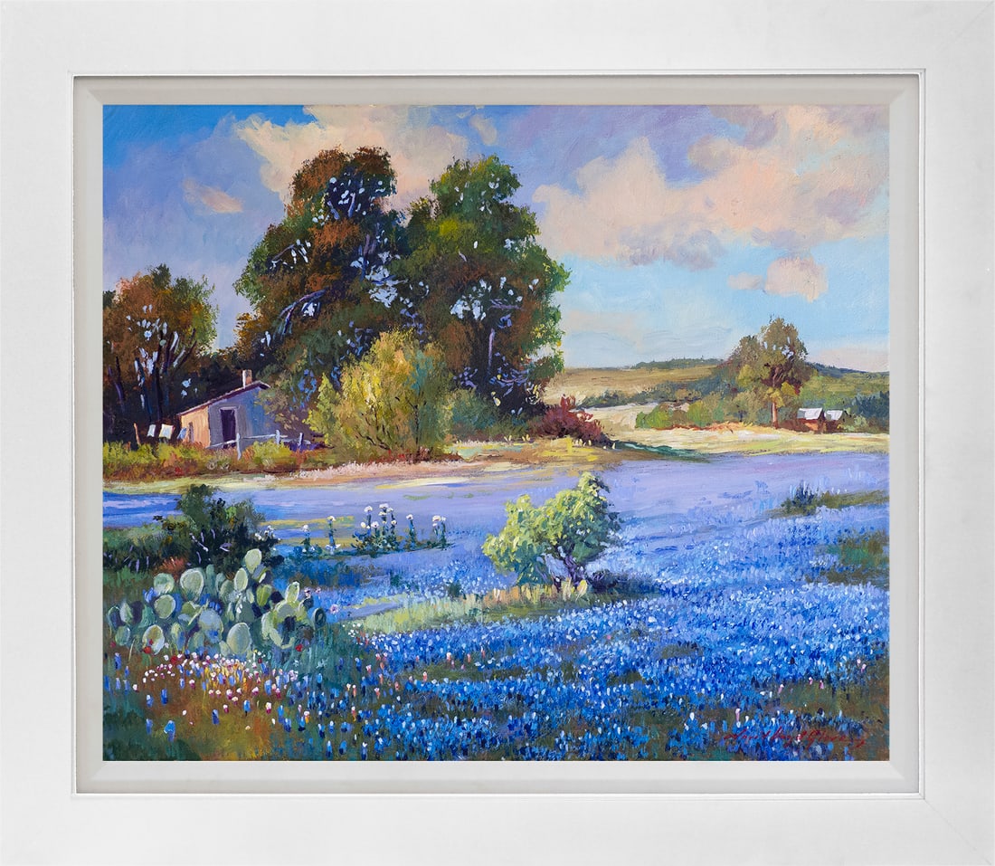 David Lloyd Glover (American 1949) Texas Hill Country Blue Bonnets Hand Embellished Painting on: Texas Hill Country Blue Bonnets Hand Embellished Painting on canvas by David Lloyd Glover (American 1949)Hand Embellished Painting on canvas by David Lloyd Glover Hand signed by the artist. On canvas 