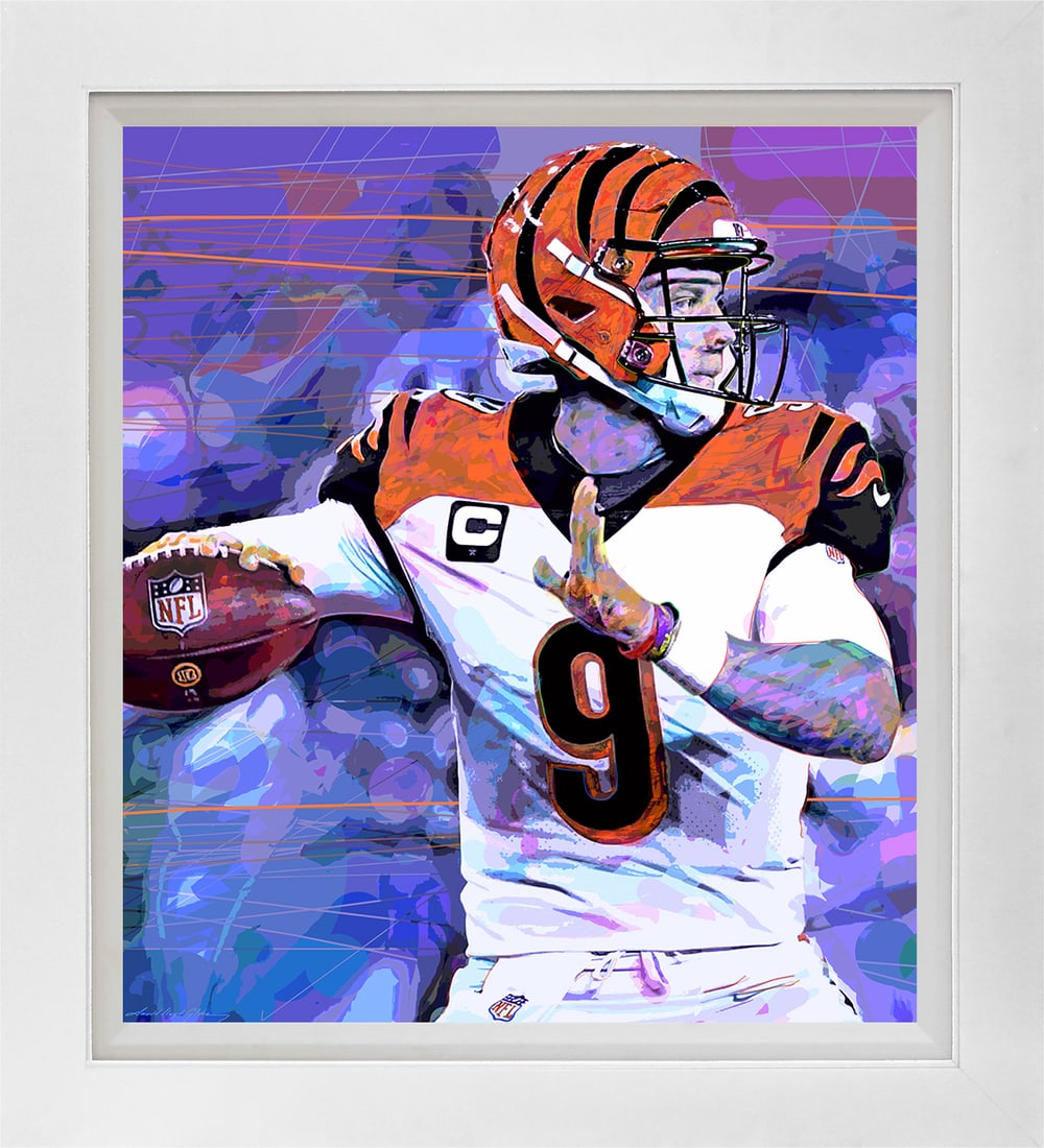 David Lloyd Glover (American 1949) Joe Burrow Bengals Quarterback Limited Edition on canvas David: Joe Burrow Bengals: Quarterback Limited Edition on canvas by David Lloyd Glover. Approx image size 18x24 inches and is custom framed and includes certificate. This work was purchased directly from the
