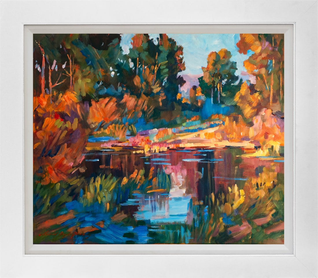 David Lloyd Glover (American 1949) Temecula Fishing Pond Hand Embellished Painting Limited Edition: Temecula Fishing Pond Limited Edition Hand Embellished Painting on canvas David Lloyd Glover Hand signed by the artist. On canvas image size. Approx image size 18x24 inches. Custom framed and includes