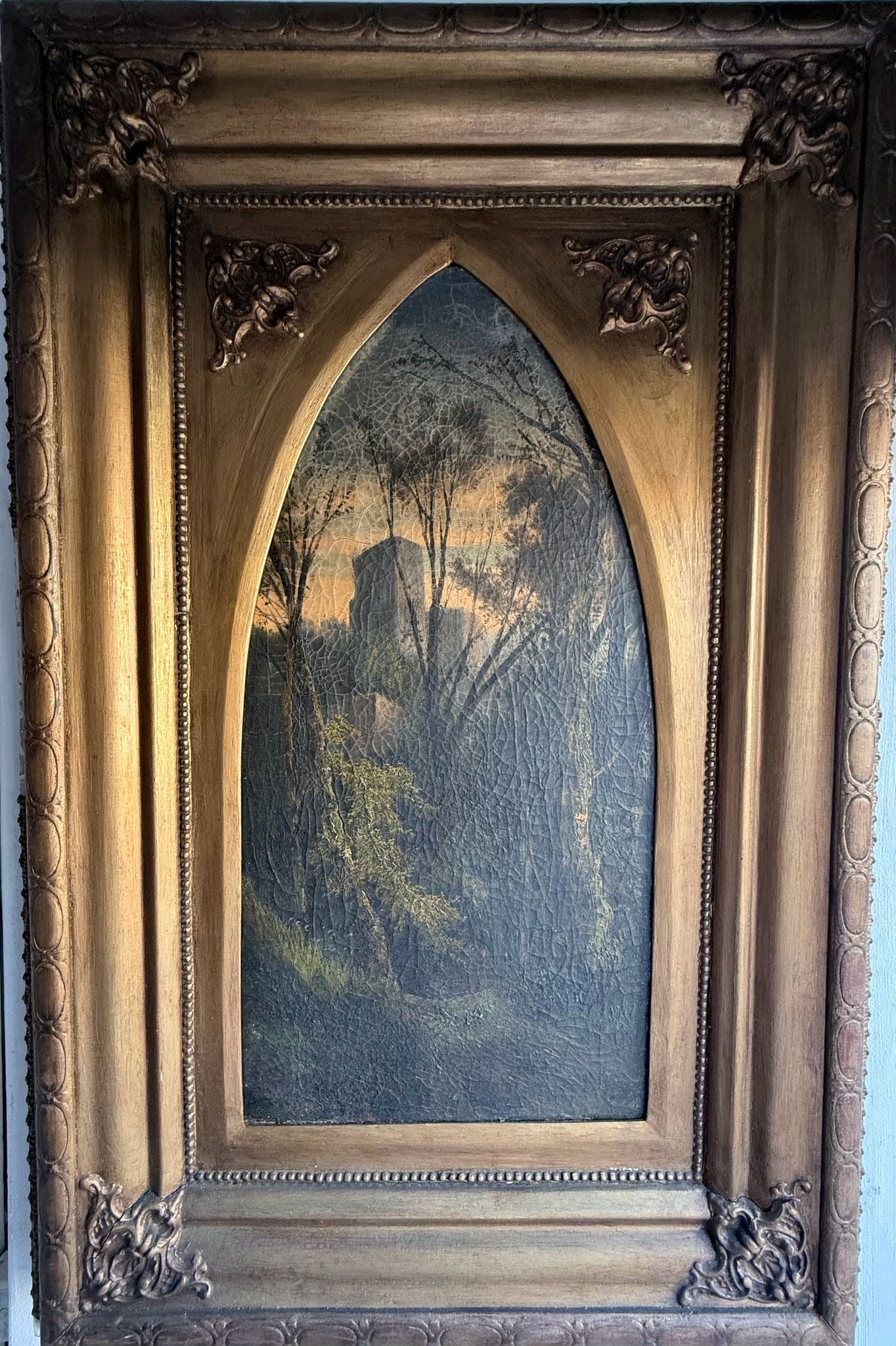 Artist: European School, 19th Century Title: Romantic Landscape at Twilight Technique: Oil on canvas: Artist: European School, 19th CenturyTitle: Romantic Landscape at TwilightTechnique: Oil on canvasDimensions: 54 x 27 cmProvenance: European private collectionDescription: An evocative romantic landsc