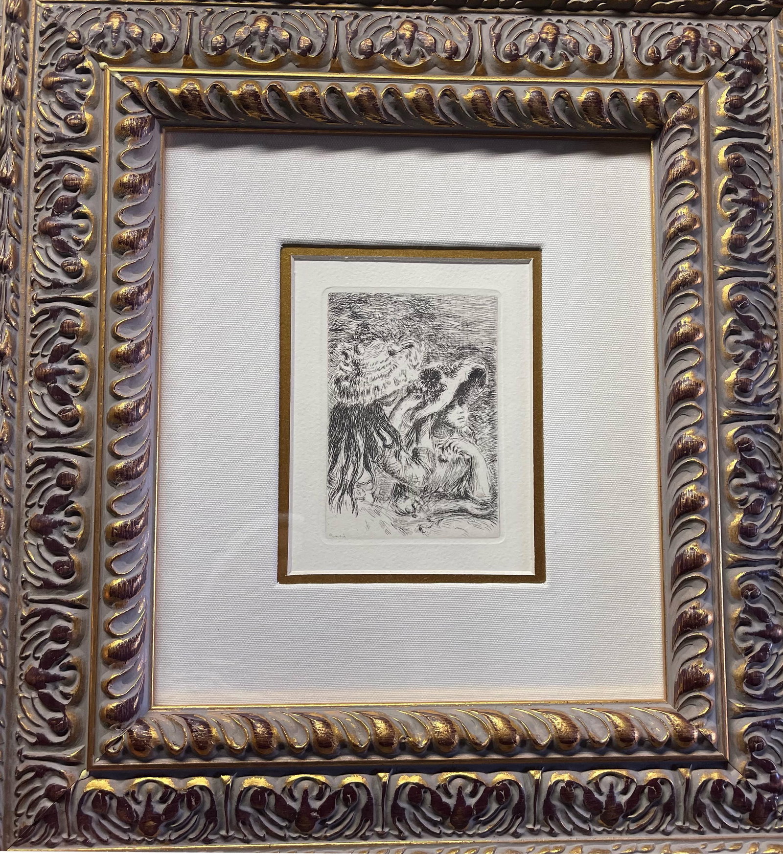 Pierre Renoir (French 1841-1919) etching embossed: Pierre Renoir (French 1841-1919) etching embossed Approx 18x16 inches Custom framed This etching was produced from the original copper plates from 1919 before Renoir's death. This was printed by hand 