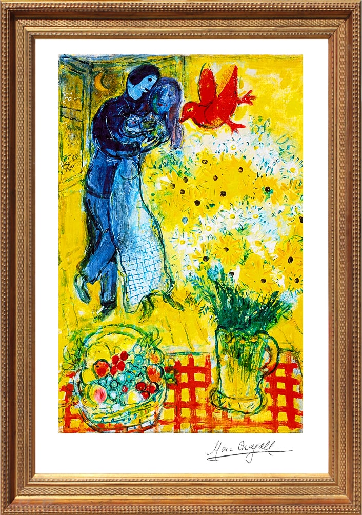 Marc Chagall (Russian-French 1887-1985) Marc Chagall Limited Edition Lovers and Daisies: Marc Chagall (Russian-French 1887-1985) Marc Chagall Limited Edition Marc Chagall. Lovers and Daisies. Includes documentation The signature is in the plate. 26x30 inches. approx. Custom framed. Art Ar