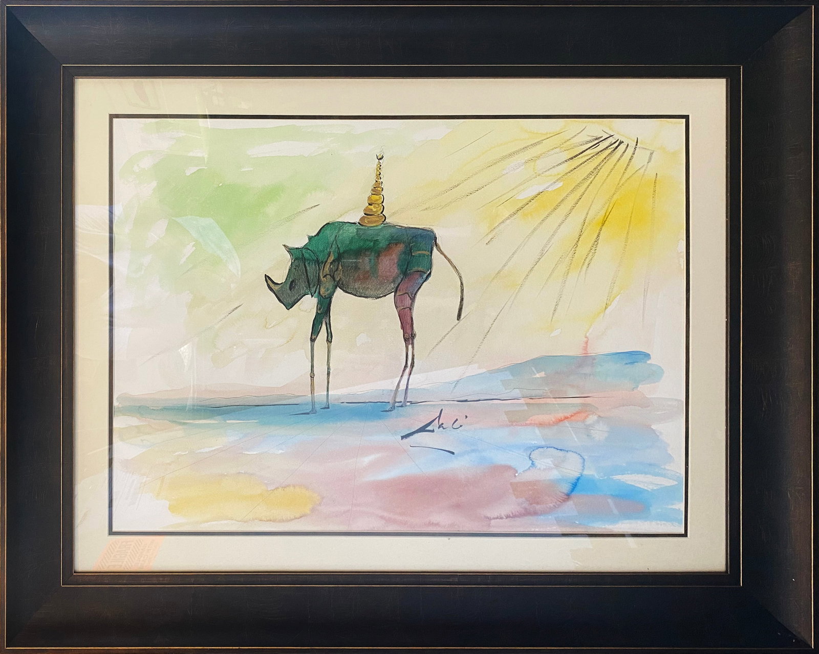 Salvador Dali (Spanish 1904-1989) Watercolor and Ink painting on archival Arches paper in the style: Salvador Dali (Spanish 1904-1989) Watercolor and Ink on archival Arches paper in the style of Magritte Approx 28x20 inches image size Hand signed custom framed Includes documentation Art Artwork Artis